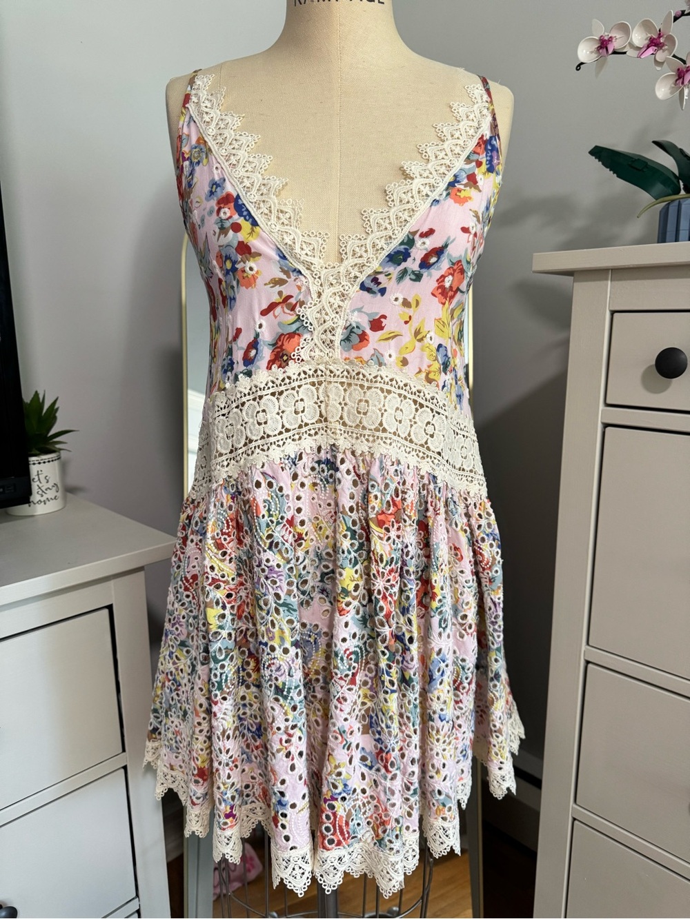 Miss June Paris Floral Eyelet Lace Mini Dress Boho Crochet Trim Coquette Girl